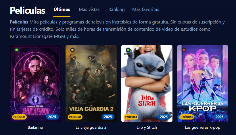 Captura de pantalla de la interfaz de usuario de Cuevana3 mostrando una variedad de películas y series populares